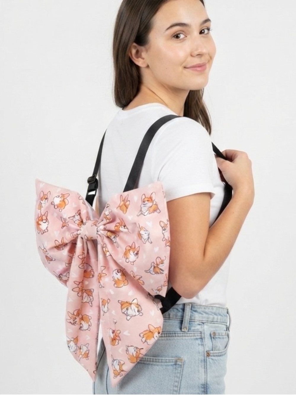 NEW Handmade Oversized Corgi Dog Print Pink Bow Statement Backpack